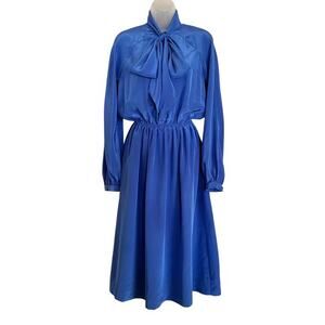 Vintage Halston III Blue Satin Tie-Neck Blouson Midi Secretary Shirt Dress XS/S